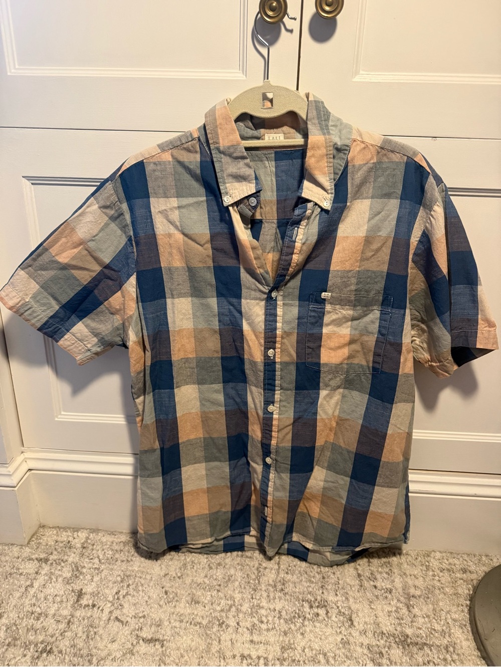 Men's Short-Sleeve Plaid Button-Down Shirt - Blue & Tan